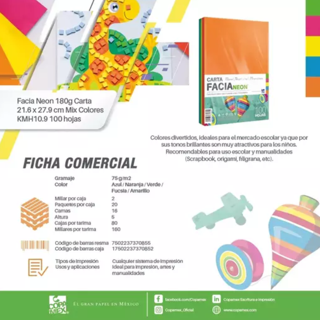 Paquete De Cartulina/ 100 Hojas / Carta / Colores Neón Drop 009