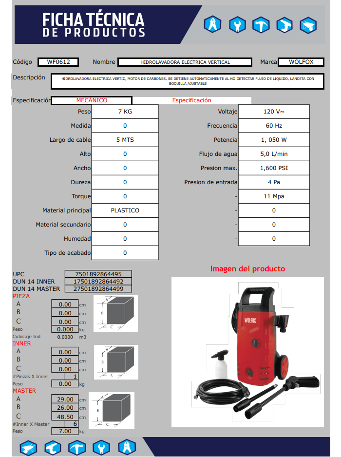 Hidrolavadora Eléctrica Wolfox Wf0612 Vertical 1740 Psi 127v