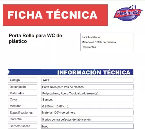 Fleximatic 2472 Porta Rollo De Plástico Blanco P/wc