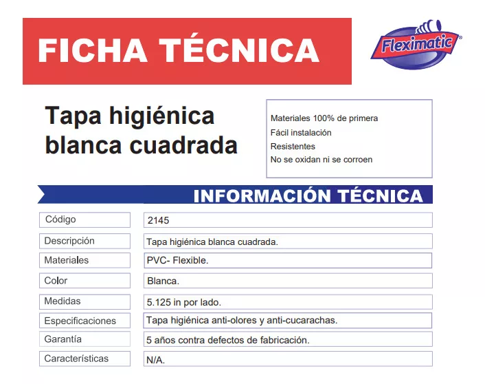 Tapa higiénica blanca cuadrada Fleximatic