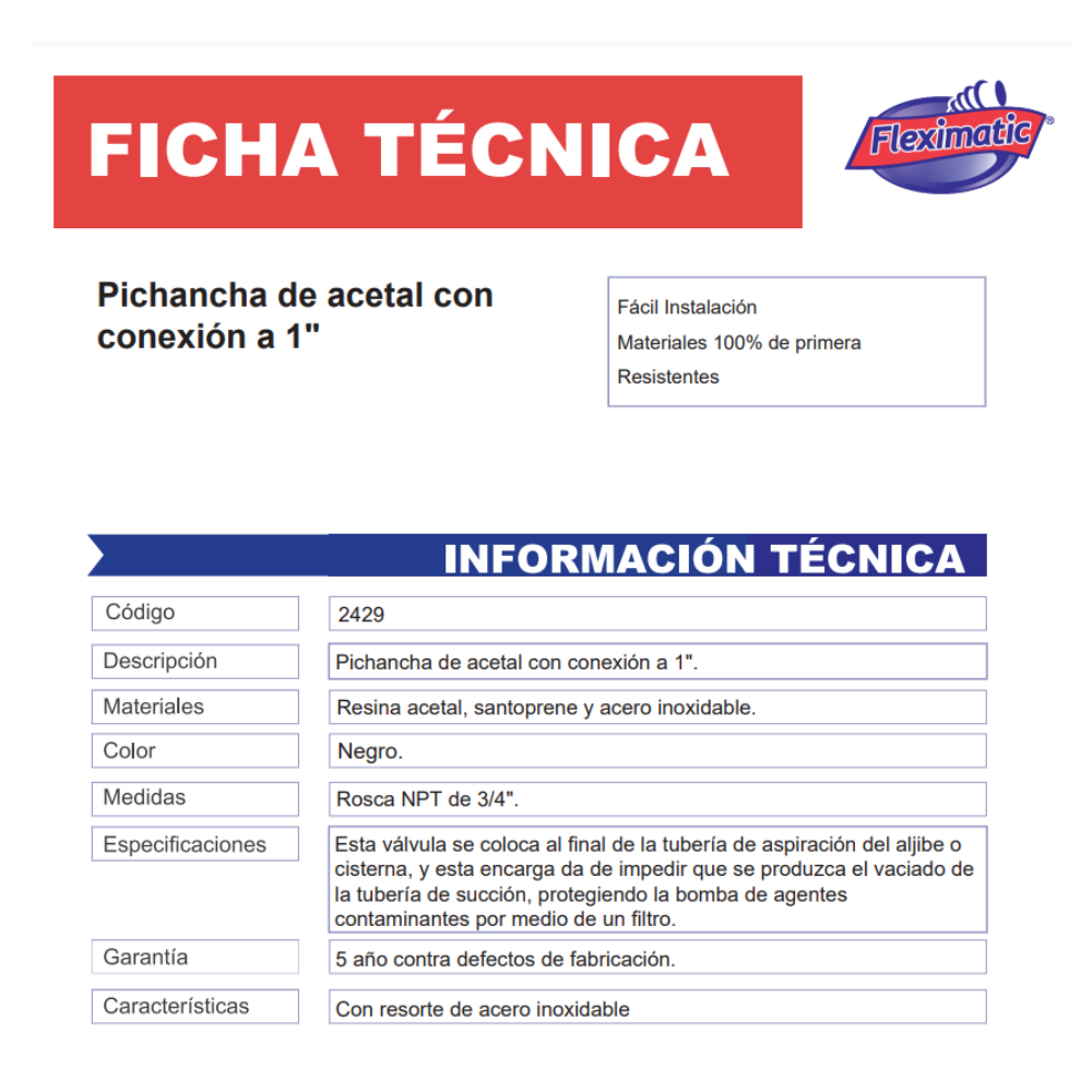 Pichancha Fleximatic 2429 De Acetal Con Conexión 1"