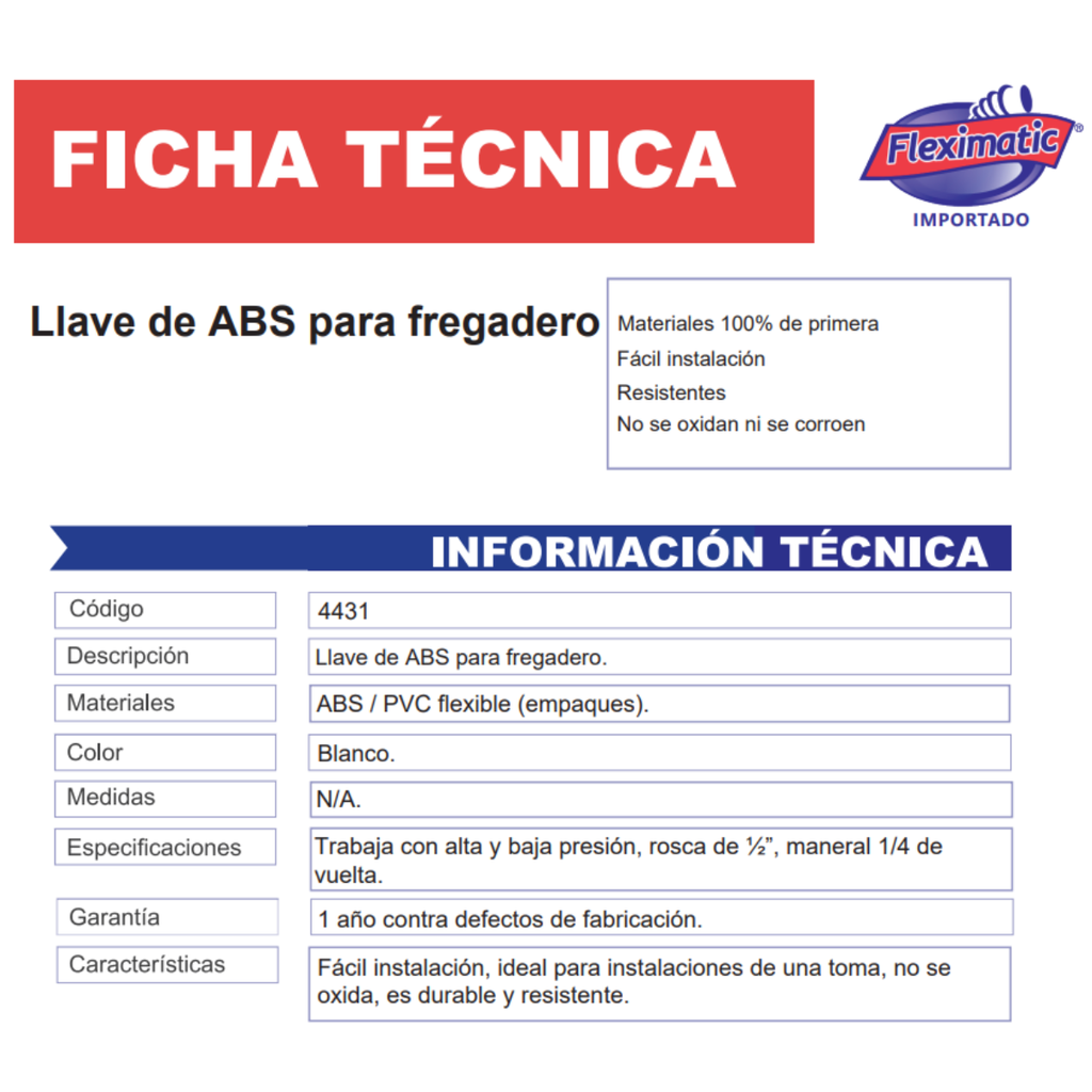 Llave P/fregadero Abs Color Blanco Innovance 4431