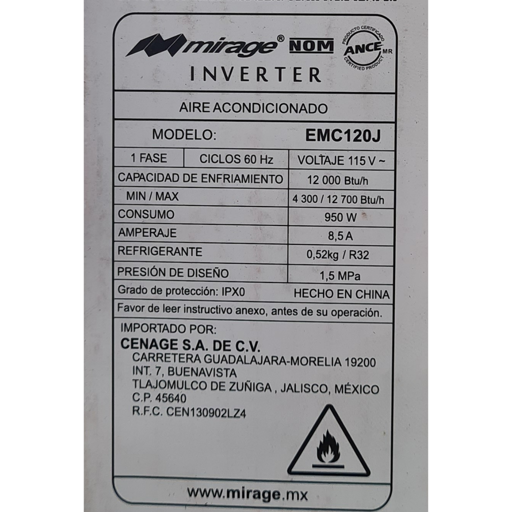 Minisplit Mirage EMC120J/CMC120J Inverter X  1 Ton 110 V