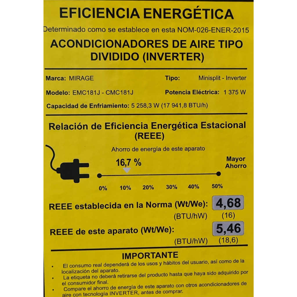 Minisplit Mirage EMC181J/CMC181J Inverter X  1.5 Ton 220V