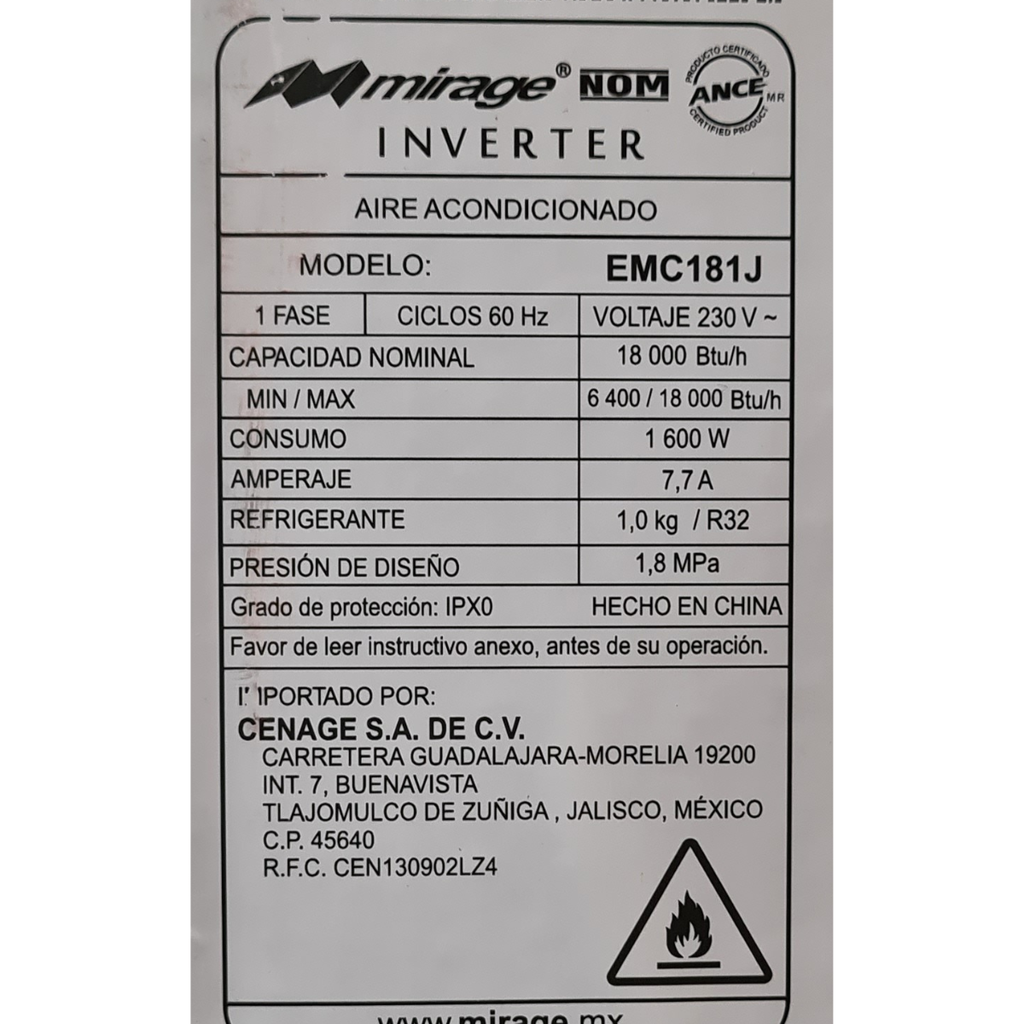 Minisplit Mirage EMC181J/CMC181J Inverter X  1.5 Ton 220V