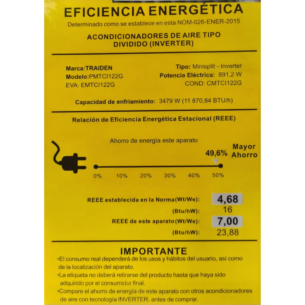 Minisplit Traiden EMTCI122G/CMTCI122G Inverter 12K Btus 110 V