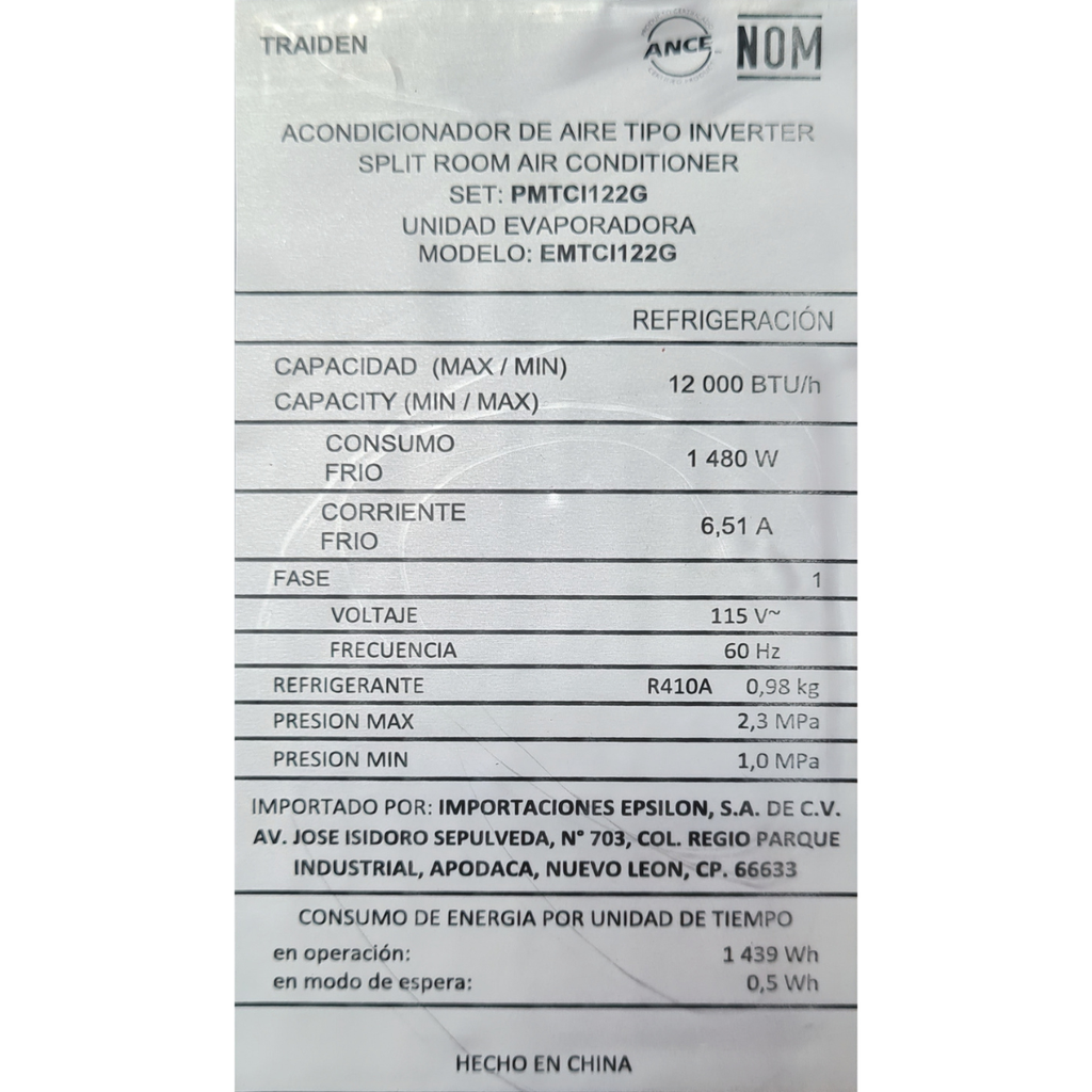 Minisplit Traiden EMTCI122G/CMTCI122G Inverter 12K Btus 110 V