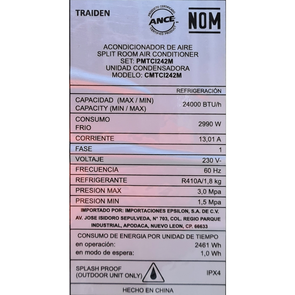 Minisplit Traiden Inverter E/CMTCI242M 24K BTUS 220 V Solo Frío