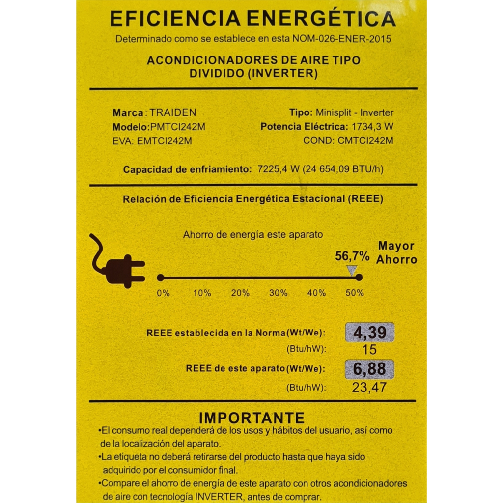 Minisplit Traiden Inverter E/CMTCI242M 24K BTUS 220 V Solo Frío