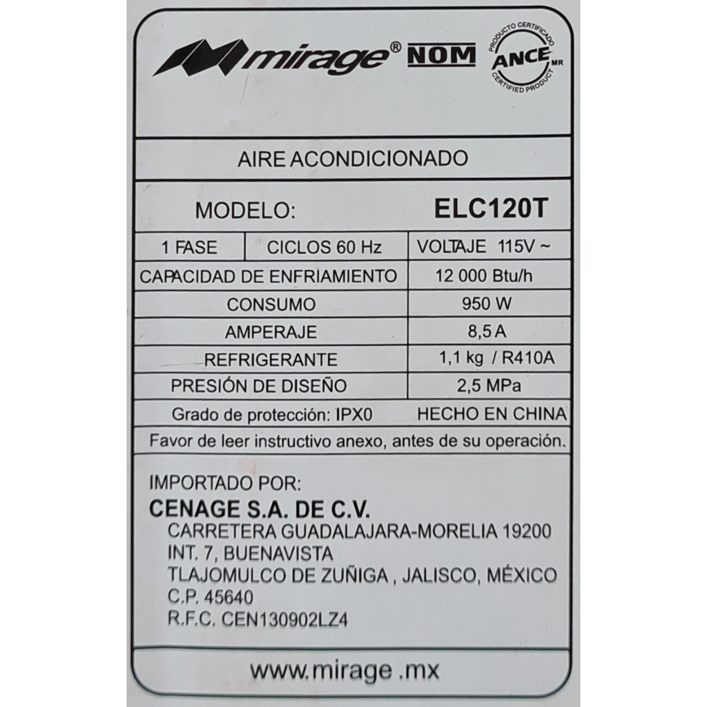 Mini Split Mirage 110V 1 Tonelada 12 Btus ELC120T Life Color Blanco