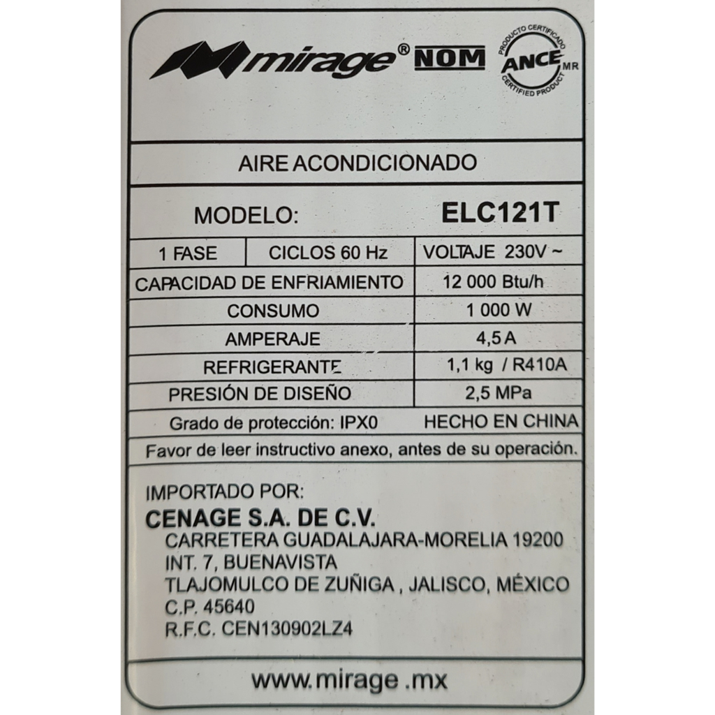 Mini Split Mirage 220V 1 Tonelada 12 Btus ELC121T Life Color Blanco