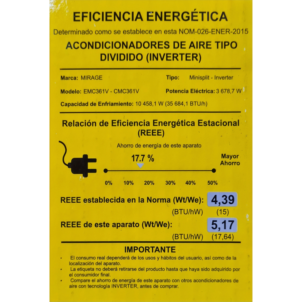 Minisplit Mirage Magnum 18 E/CMC361V 3 Ton 220 V Frío y Calor