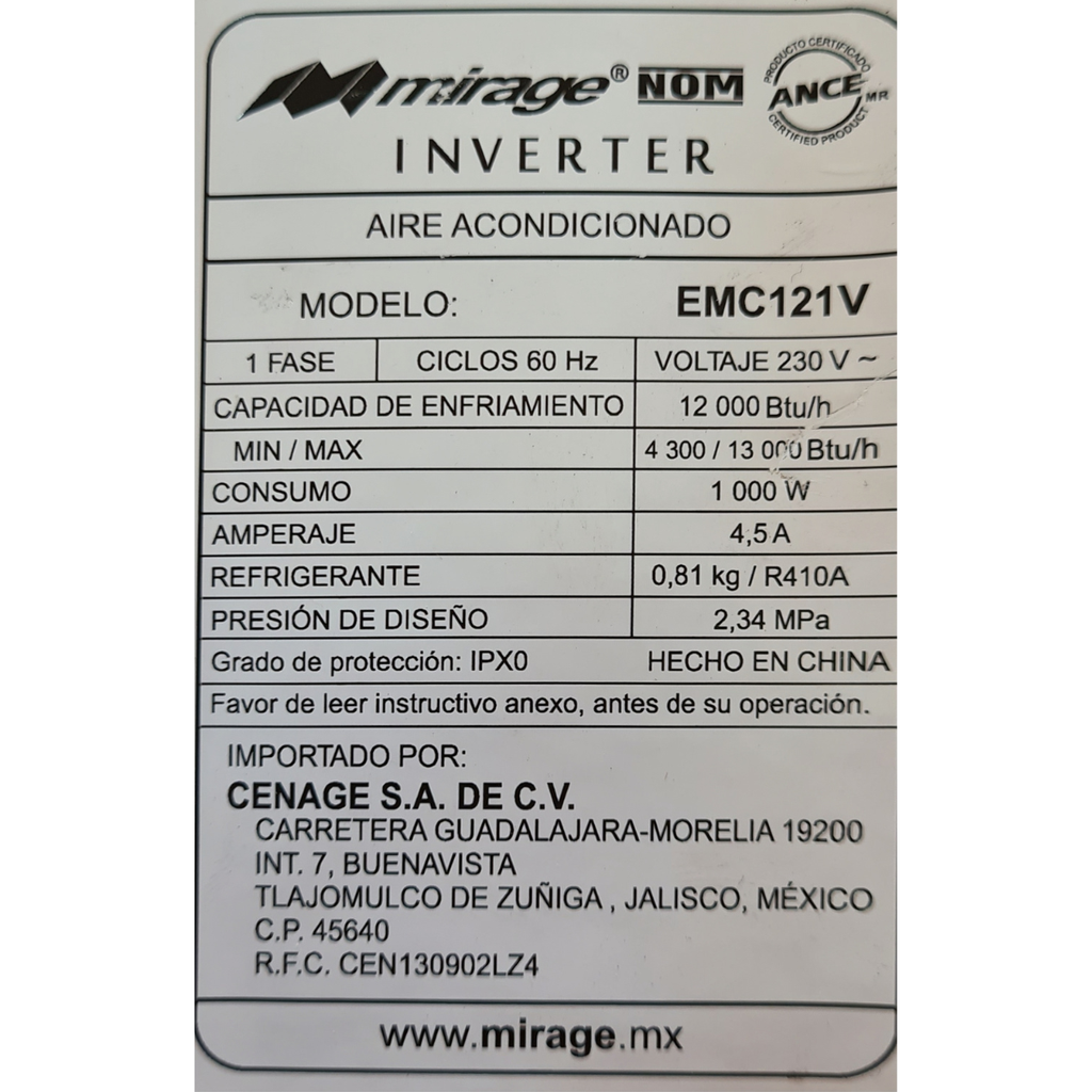 Minisplit Mirage Magnum 22 E/CMC121V 1Ton 220V Frío y Calor