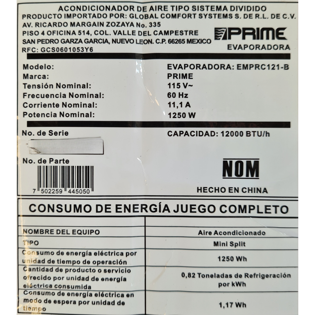 Minisplit Prime EMPRC121-B 12k BTUs 110 V Solo Frío