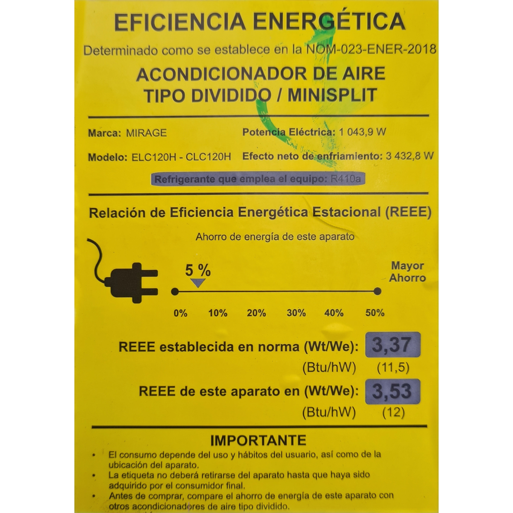 Minisplit Mirage X Life E/CLC120H 1 Ton 110 V Frío y Calor