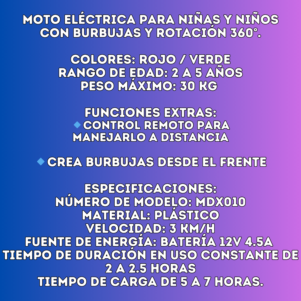 Moto Eléctrica Para Niños Con Burbujas Y Rotación 360°
