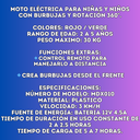 Moto Eléctrica Para Niños Con Burbujas Y Rotación 360°
