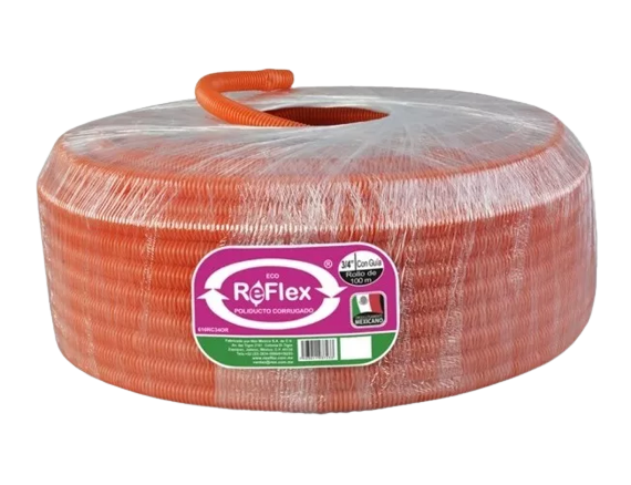 Poliducto corrugado Eco Reflex 3/4" con guia(Naranja) 100 mts