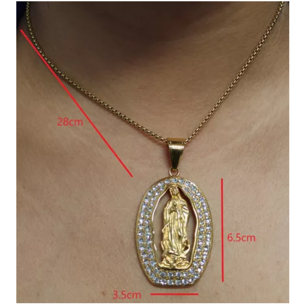 Collar Acero Inoxidable De Virgen De Guadalupe Con Piedras