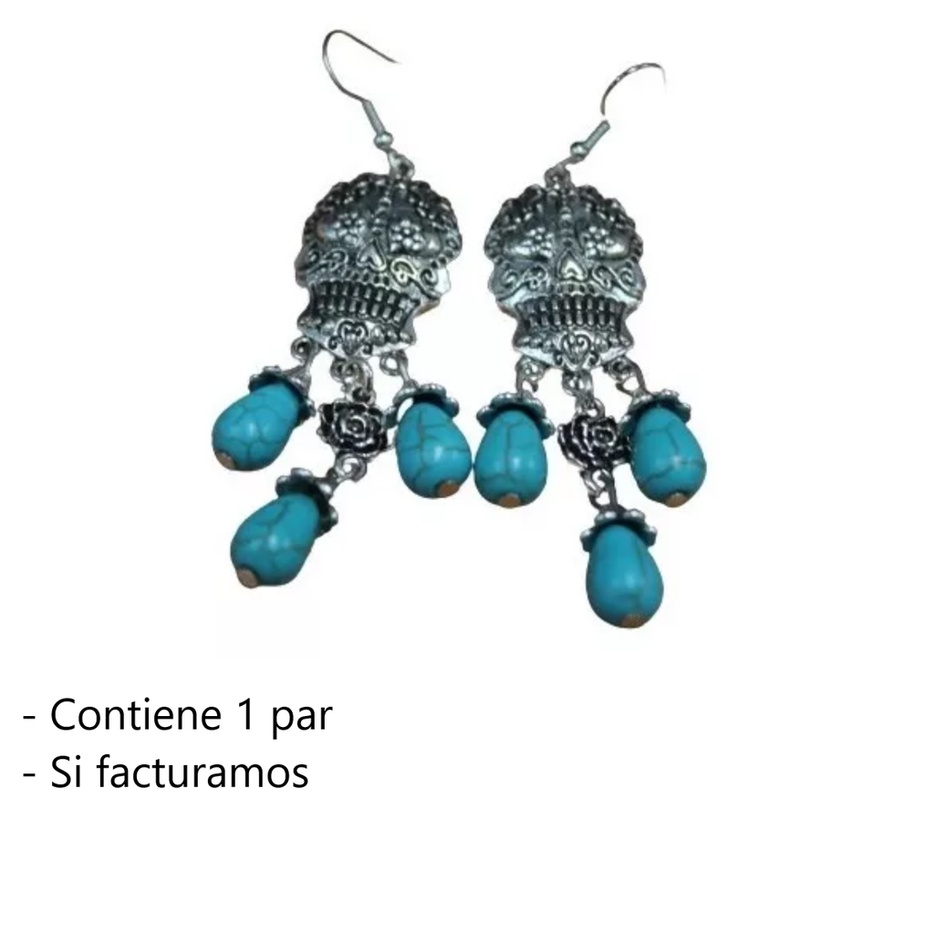 Arete De Calavera Con Perlas Azules