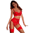 Coordinado De Encaje Con Liguero Color Rojo