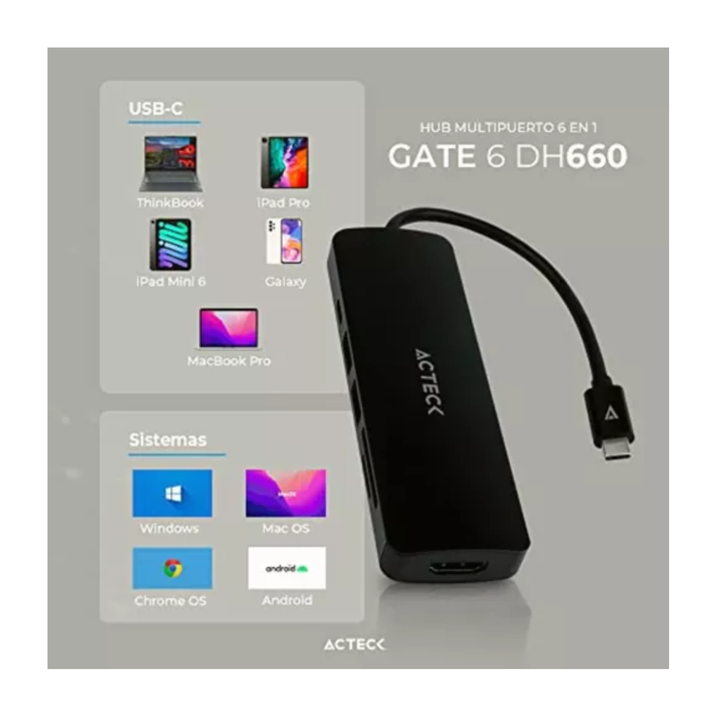 Hub Usb C 6 En 1 Gate 6 Dh660 4k Hdmi + 1xusb Drop