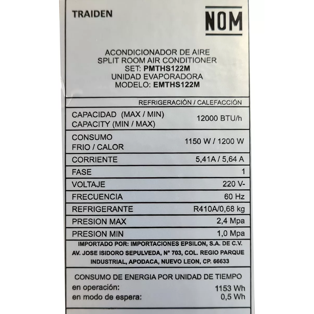 Minisplit Traiden Ultra E/CMTHS121M 12K BTU 110 V Frío y Calor
