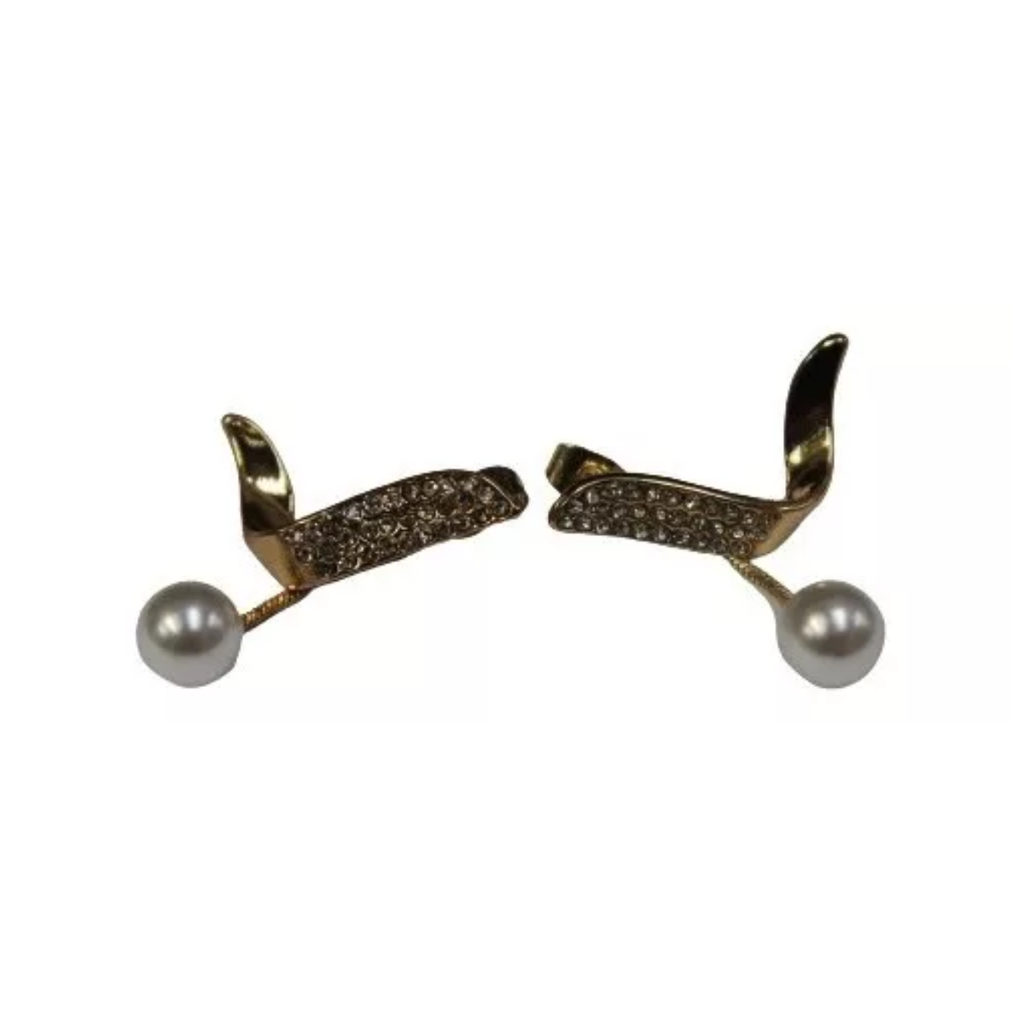 Arete De Perla Con Forma De J Con Piedras Blancas