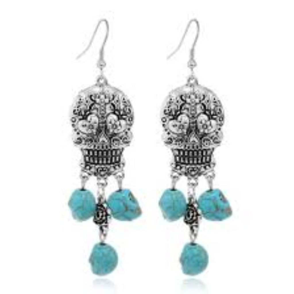Arete De Calavera Con Perlas Azules