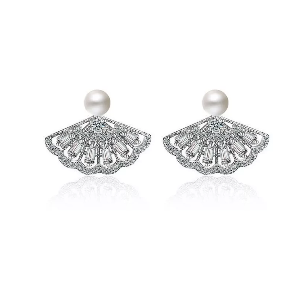 Pendientes O Aretes Plateados Tipo Abanico Perlas Imitación