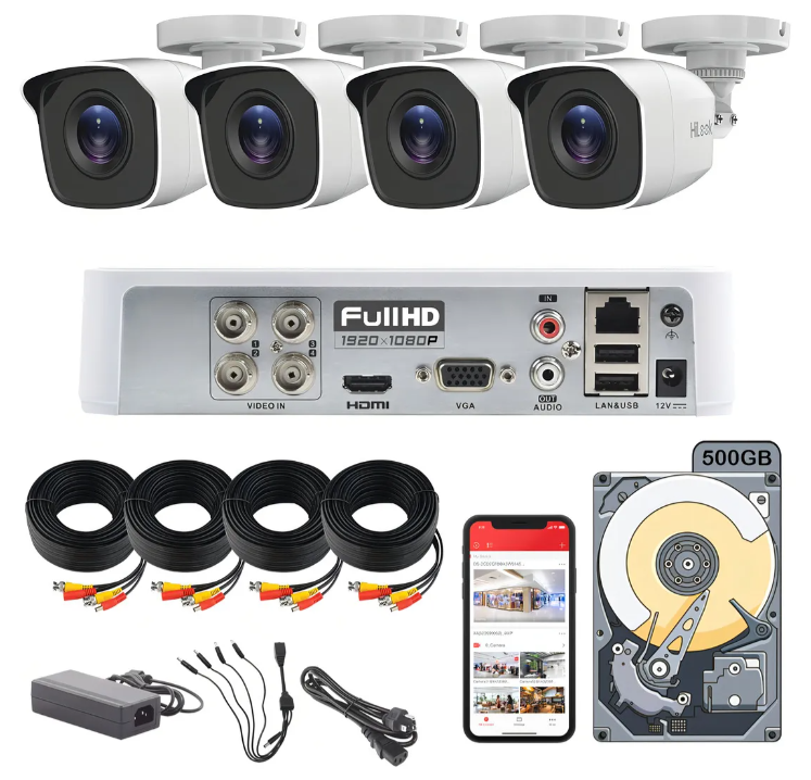 Kit Video Vigilancia HiLook Dvr 4 Canales 4 Cámaras 1080p 2mp Audio Integrado Thc-b120-ps