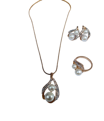 [1872074623] Juego De Collar Aretes Y Anillo Perlas Y Diamantes Imitación