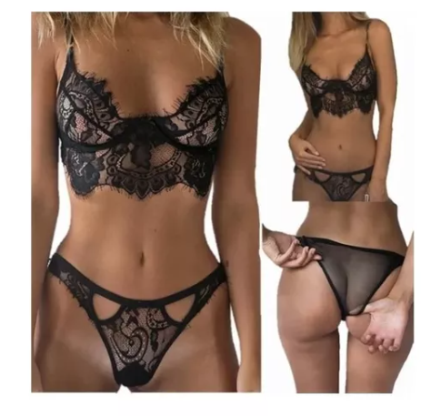 [1437822830] Coordinado Bralette Panty De Tiras Sexy Sin Push L