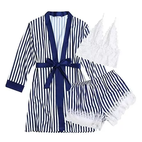 [1768968483] Coordinado Conjunto Pijama Rayas Azul Con Blanco S