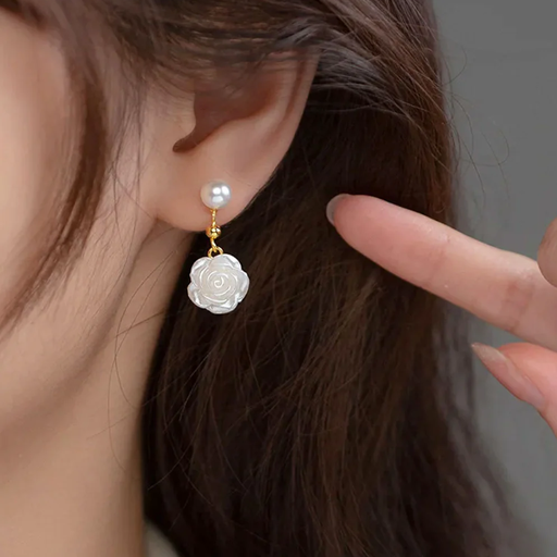 [FlorCameliaBlanca] Pendientes O Aretes Flor Camelia Blanca Moda Coreana