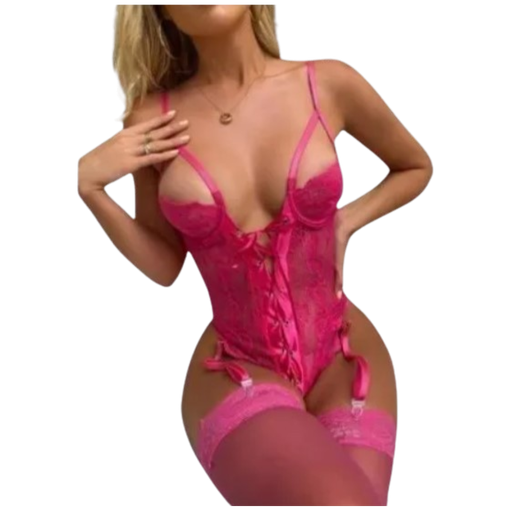 Liguero Lencería Sexy Tipo Body De Encaje Copa 3/4 Rosa